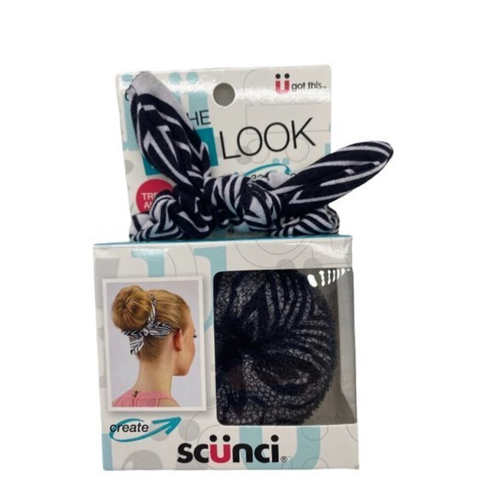 Scunci Get the Bun Look Maker 6 Piece‎ Kit Black White Stripes Hair Accessories